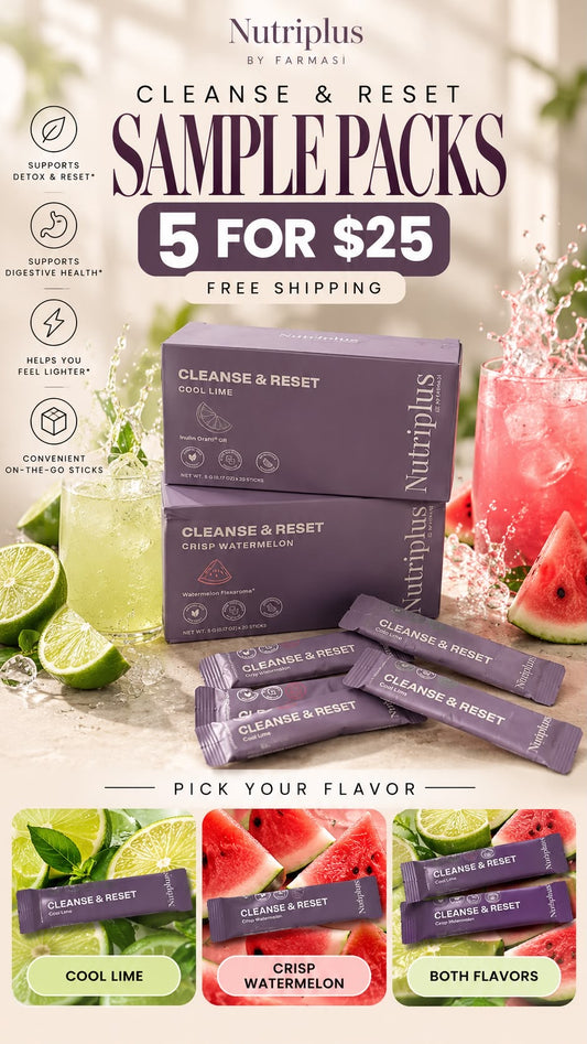 NutriPlus by Farmasi Cleanse & Reset sample packs: Cool Lime and Crisp Watermelon, five for $25.